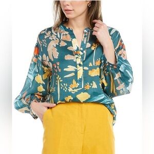 LAFAYETTE 148 NEW YORK Skye Deep Lagoon Printed Blouse Large